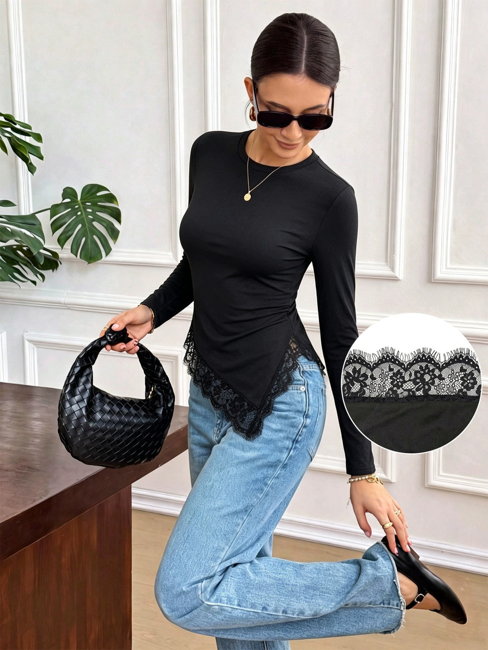 ZARA Crew Neck Slim Long Sleeve Tee Irregular Lace Hem Layering Top
